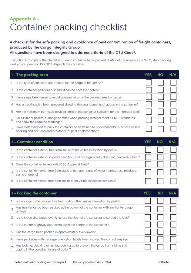 Container packing checklist